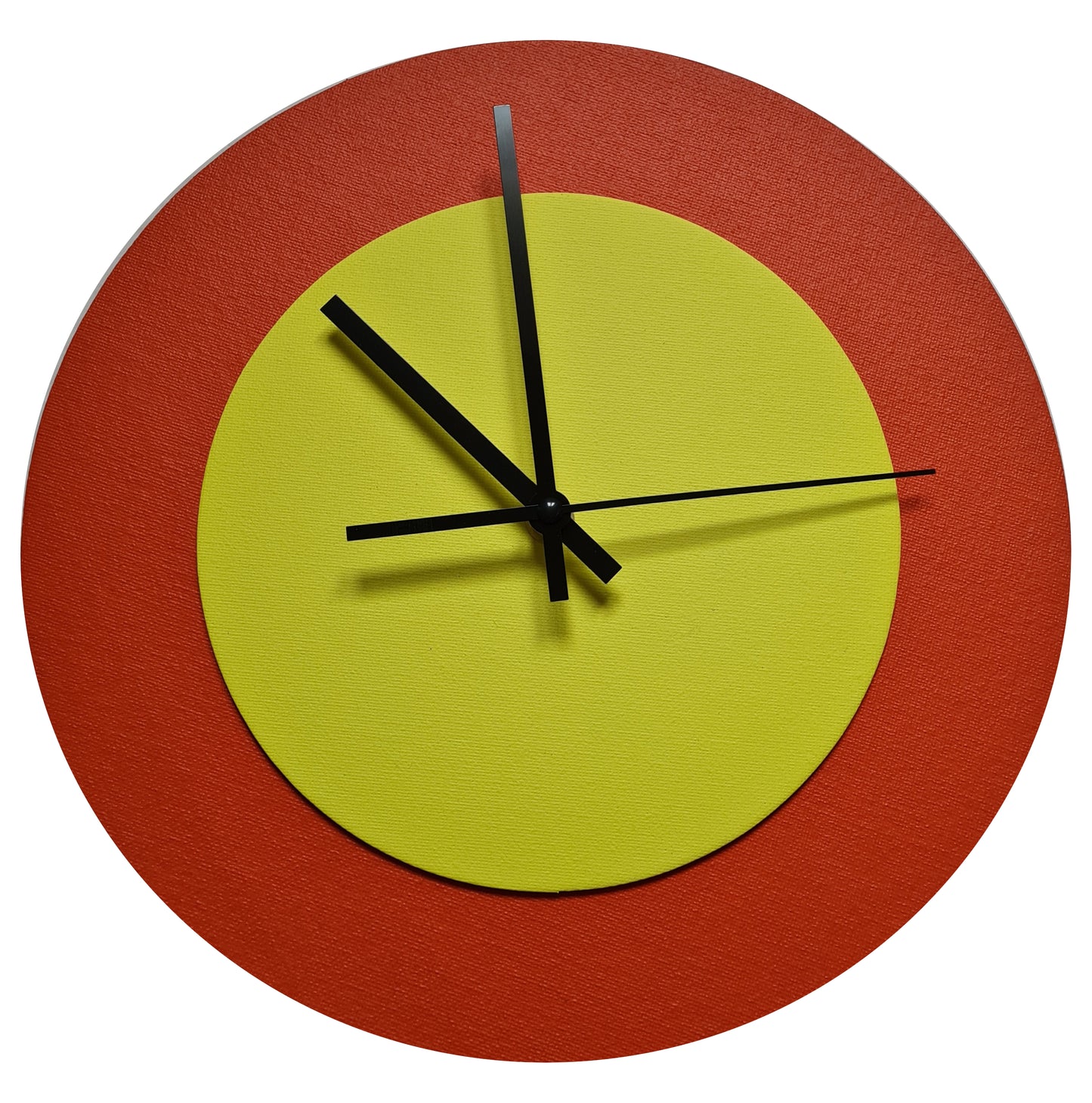 Pop Art Wanduhr Orange  Farngrün mit schwarzen Zeigern 30 cm rund
