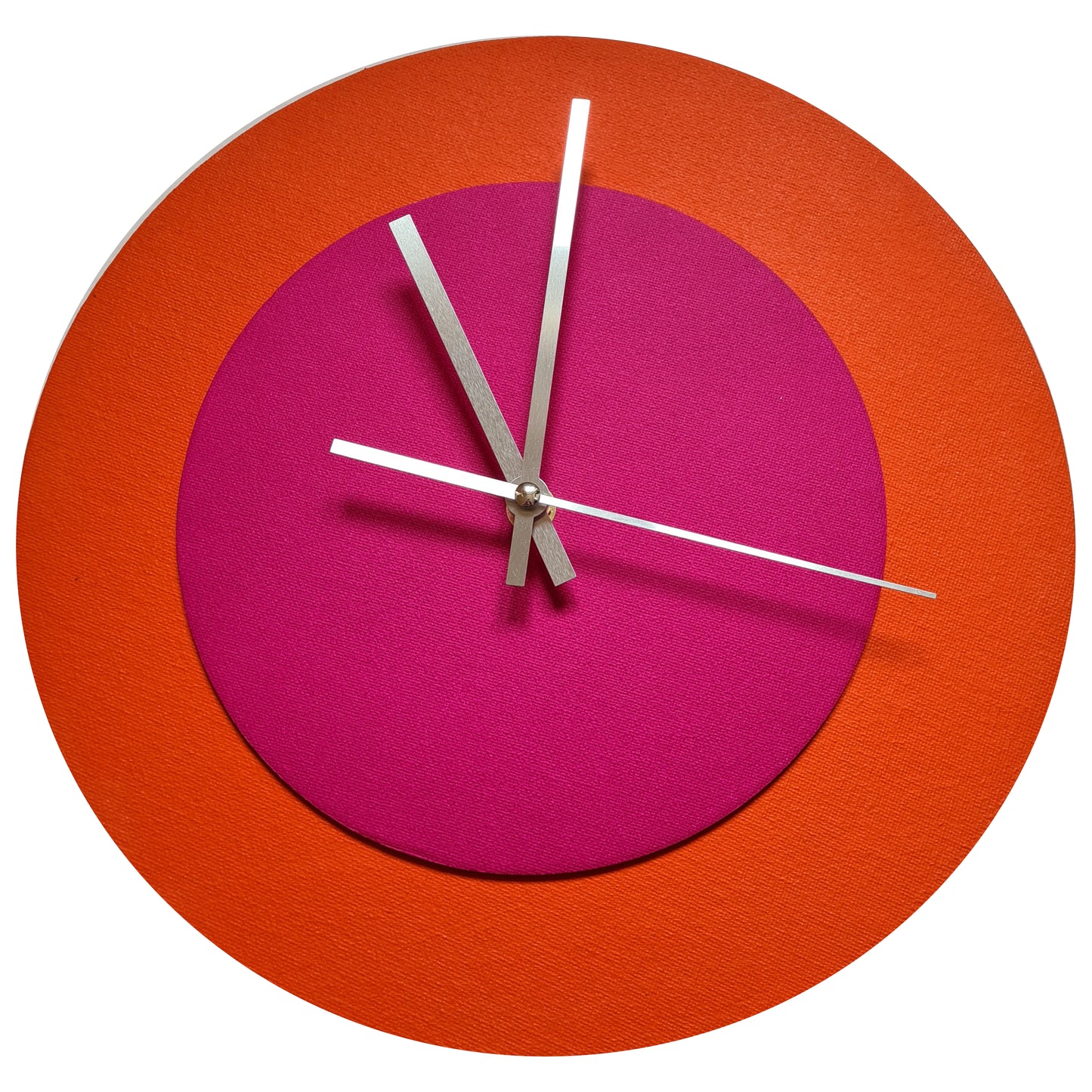 Pop Art Wanduhr Orange  Magentafarben mit silbernen Zeigern 30 cm rund
