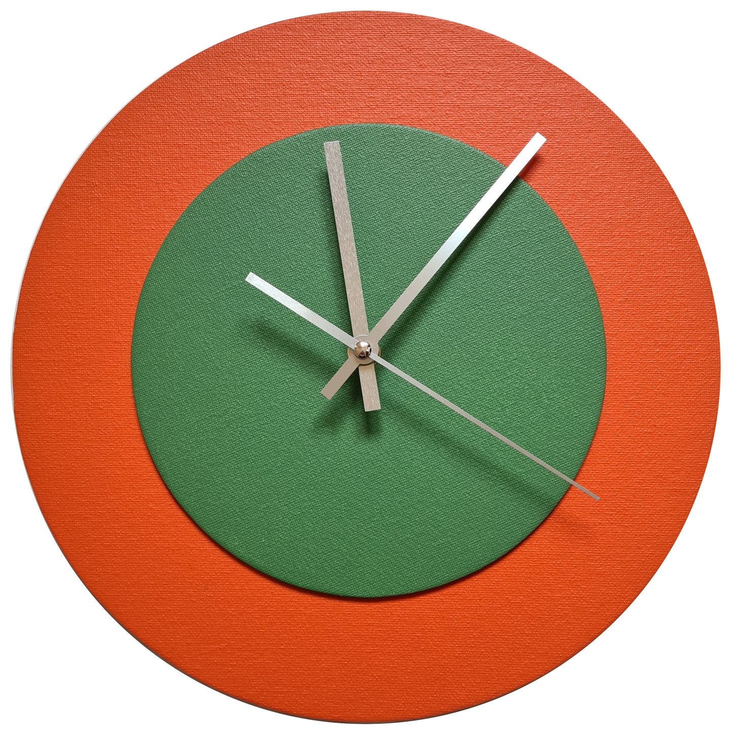 Pop Art Wanduhr Orange  Laubgrün mit silbernen Zeigern 30 cm rund
