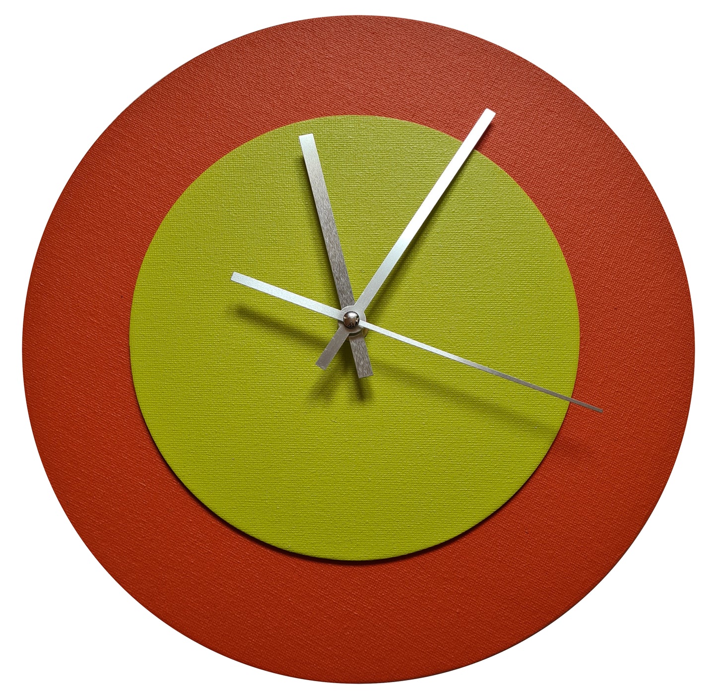 Pop Art Wanduhr Orange  Farngrün mit silbernen Zeigern 30 cm rund
