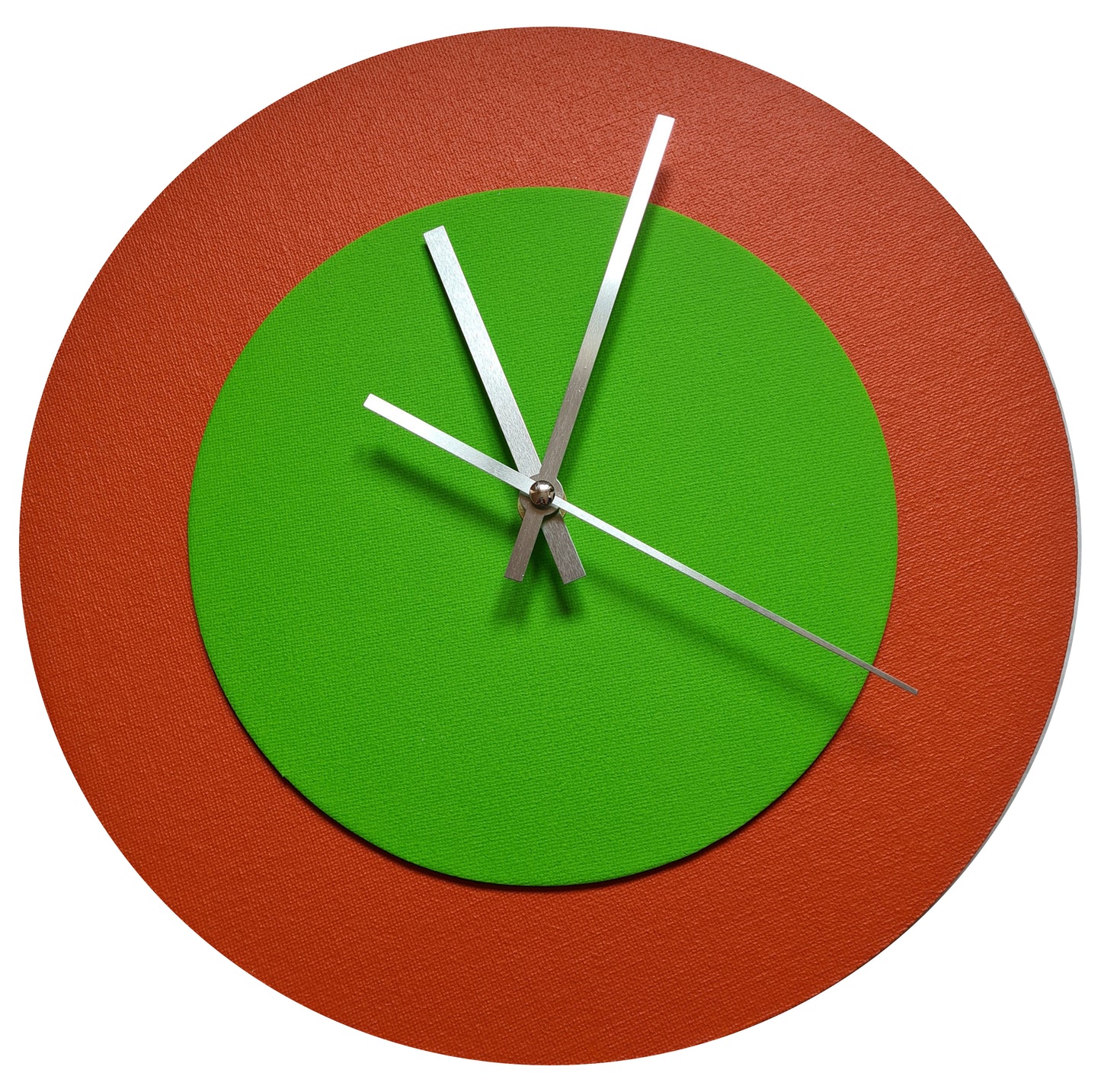 Pop Art Wanduhr Orange  Hellgrün mit silbernen Zeigern 30 cm rund
