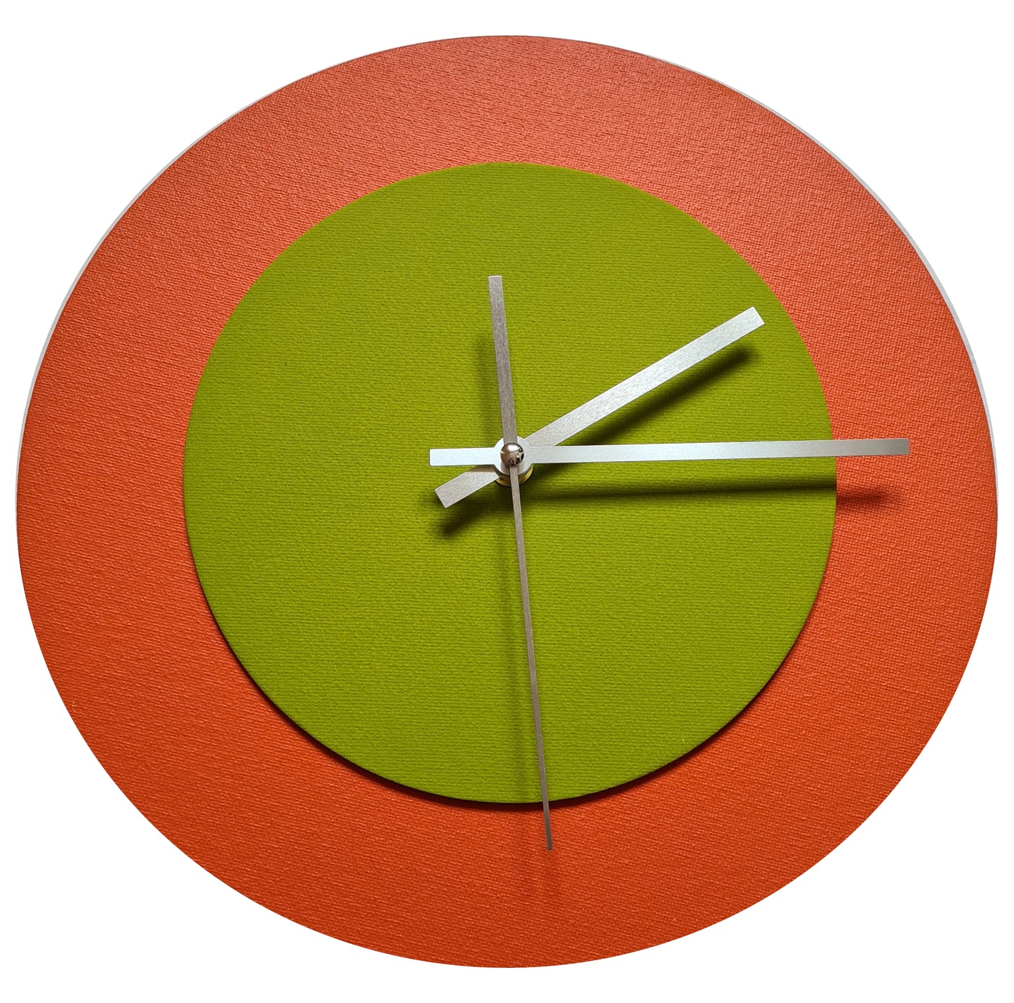Pop Art Wanduhr Orange  Olivgrün mit silbernen Zeigern 30 cm rund
