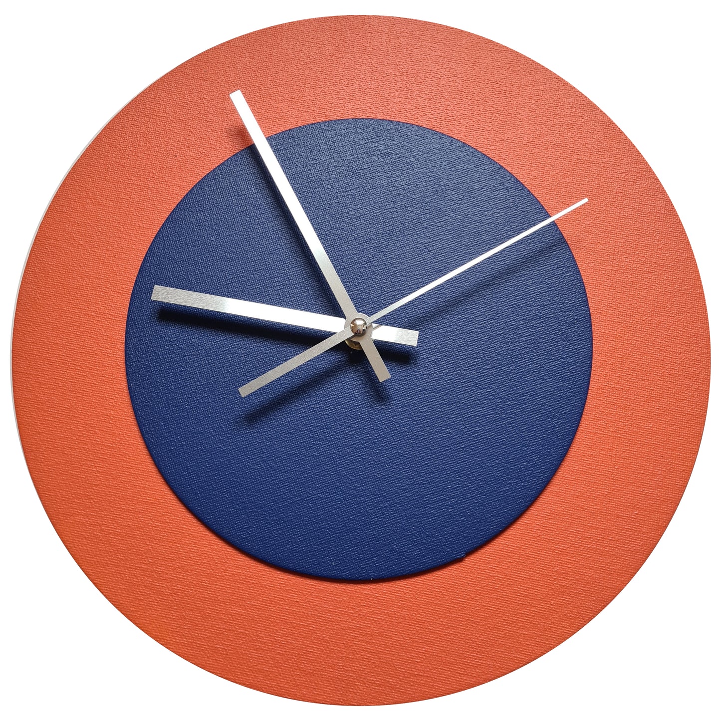 Pop Art Wanduhr Orange  Dunkelblau mit silbernen Zeigern 30 cm rund
