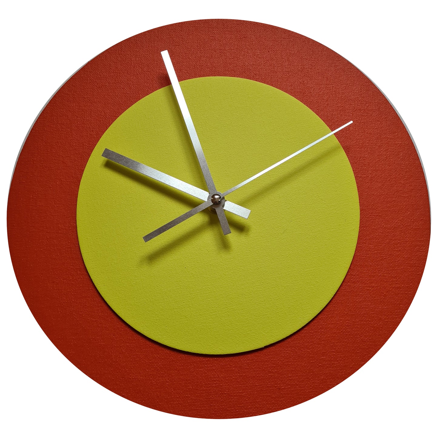 Pop Art Wanduhr Orange  Farngrün mit silbernen Zeigern 30 cm rund
