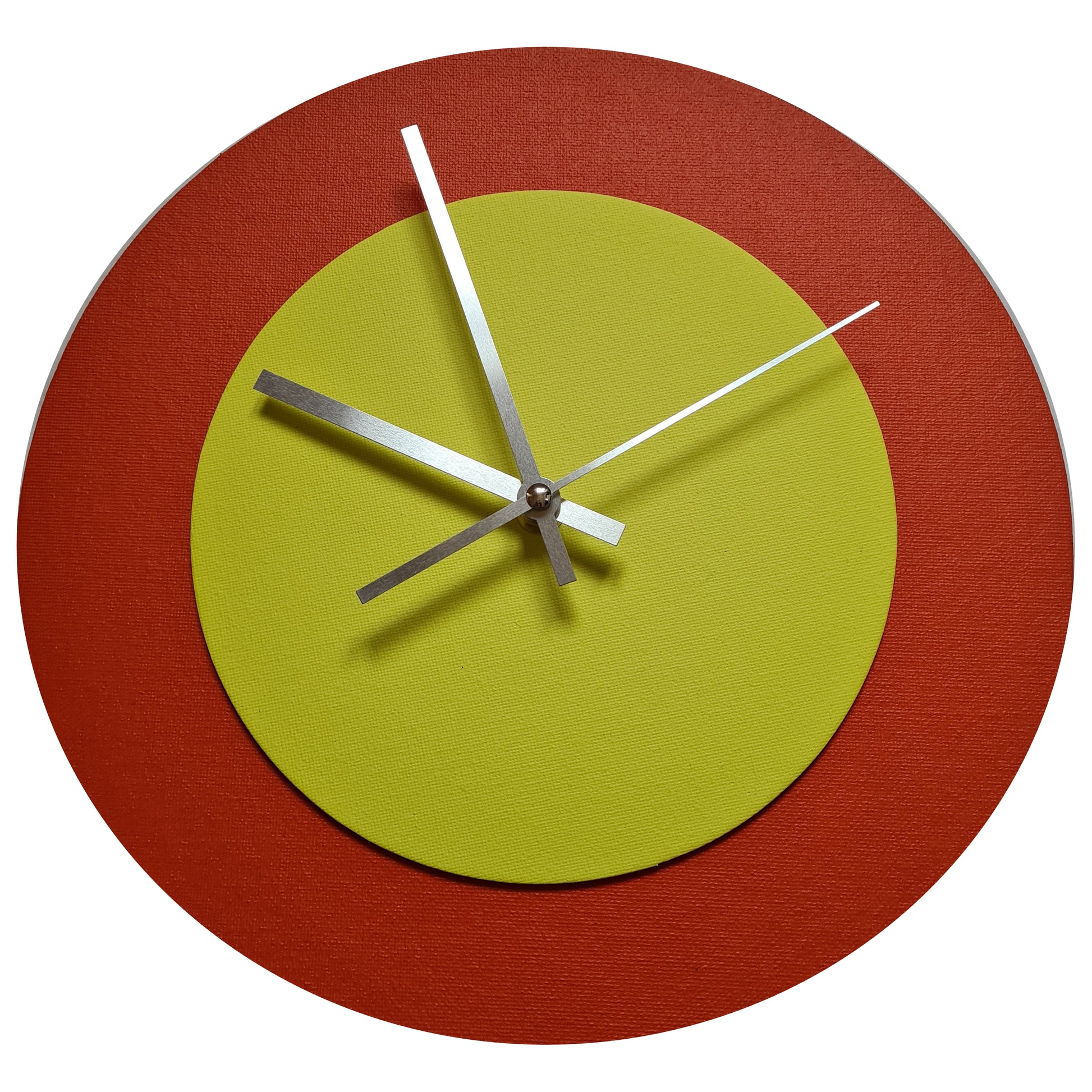 Pop Art Wanduhr Orange  Farngrün mit silbernen Zeigern 30 cm rund
