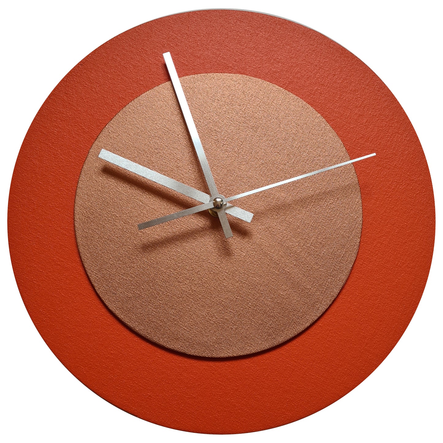 Pop Art Wanduhr Orange  Bronzefarben mit  silbernen Zeigern 30 cm rund
