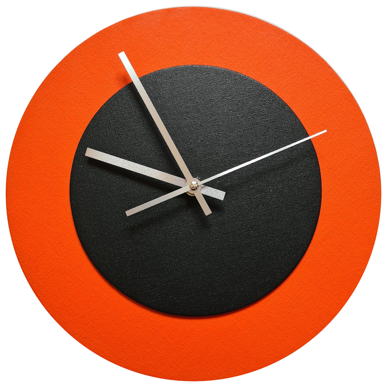 Pop Art Wanduhr Orange  Schwarz mit silbernen Zeigern 30 cm rund
