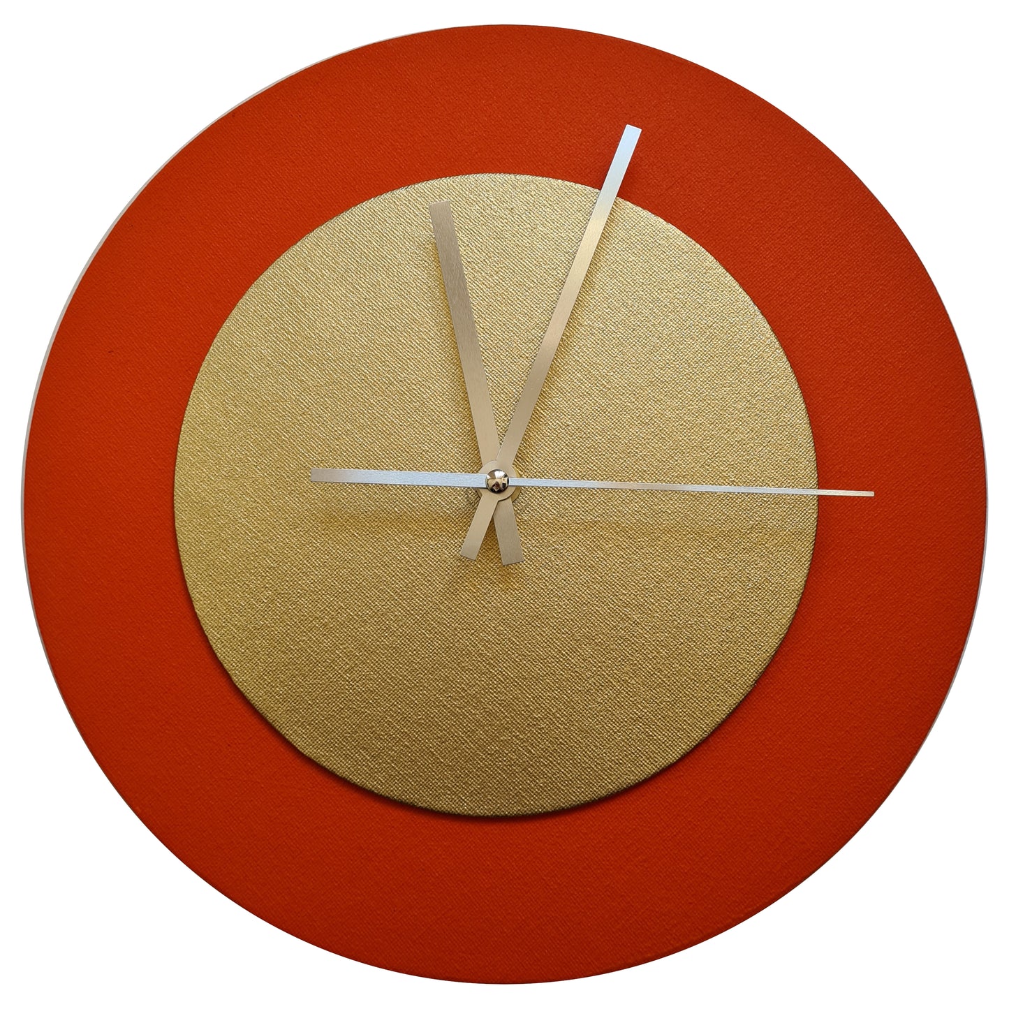 Pop Art Wanduhr Orange  Goldfarben mit silbernen Zeigern 30 cm rund
