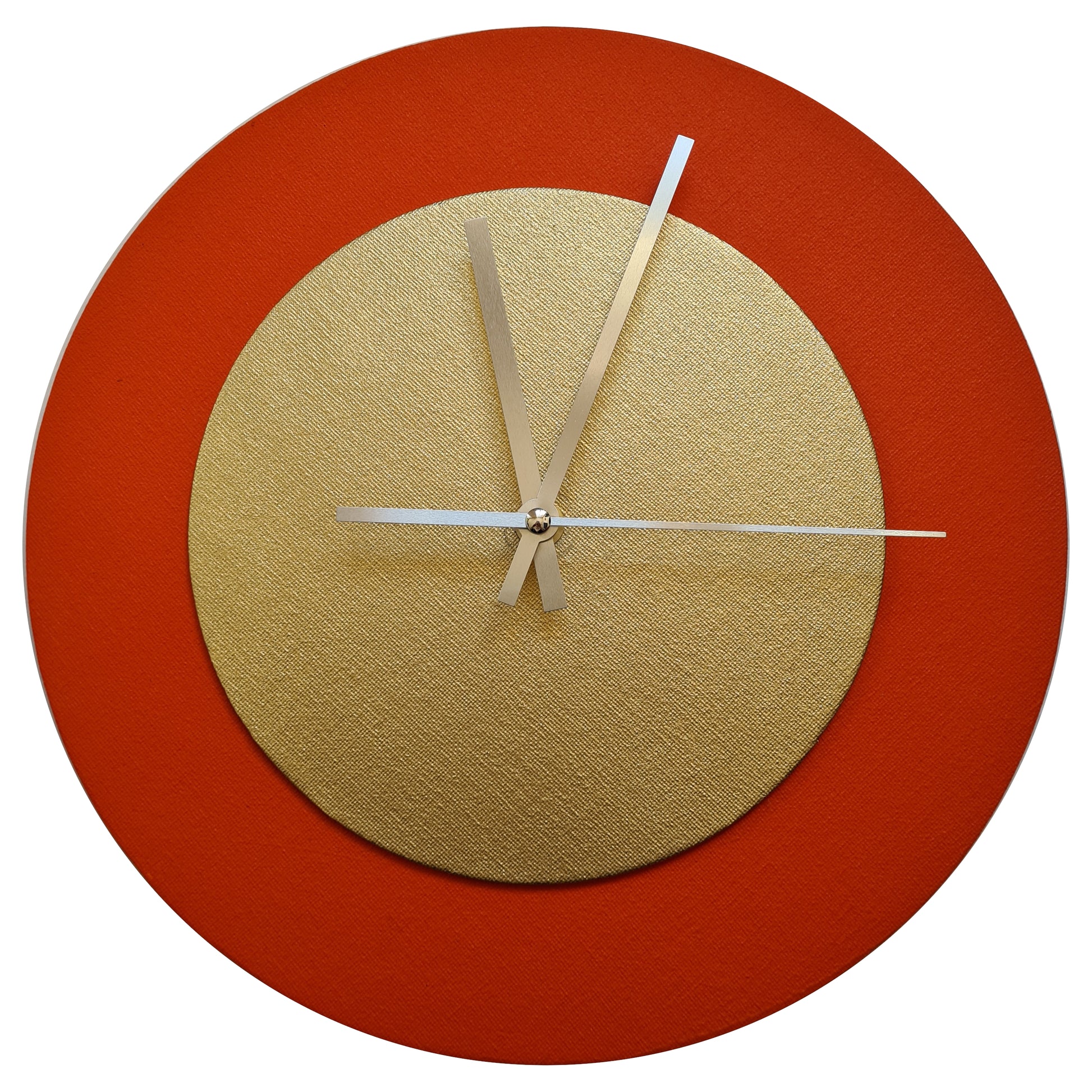 Pop Art Wanduhr Orange  Goldfarben mit silbernen Zeigern 30 cm rund
