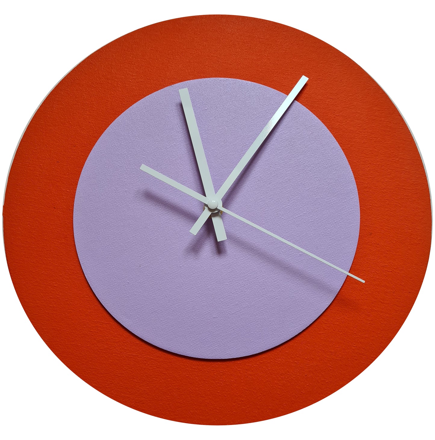 Pop Art Wanduhr Orange  Fliederfarben mit weißen Zeigern 30 cm rund
