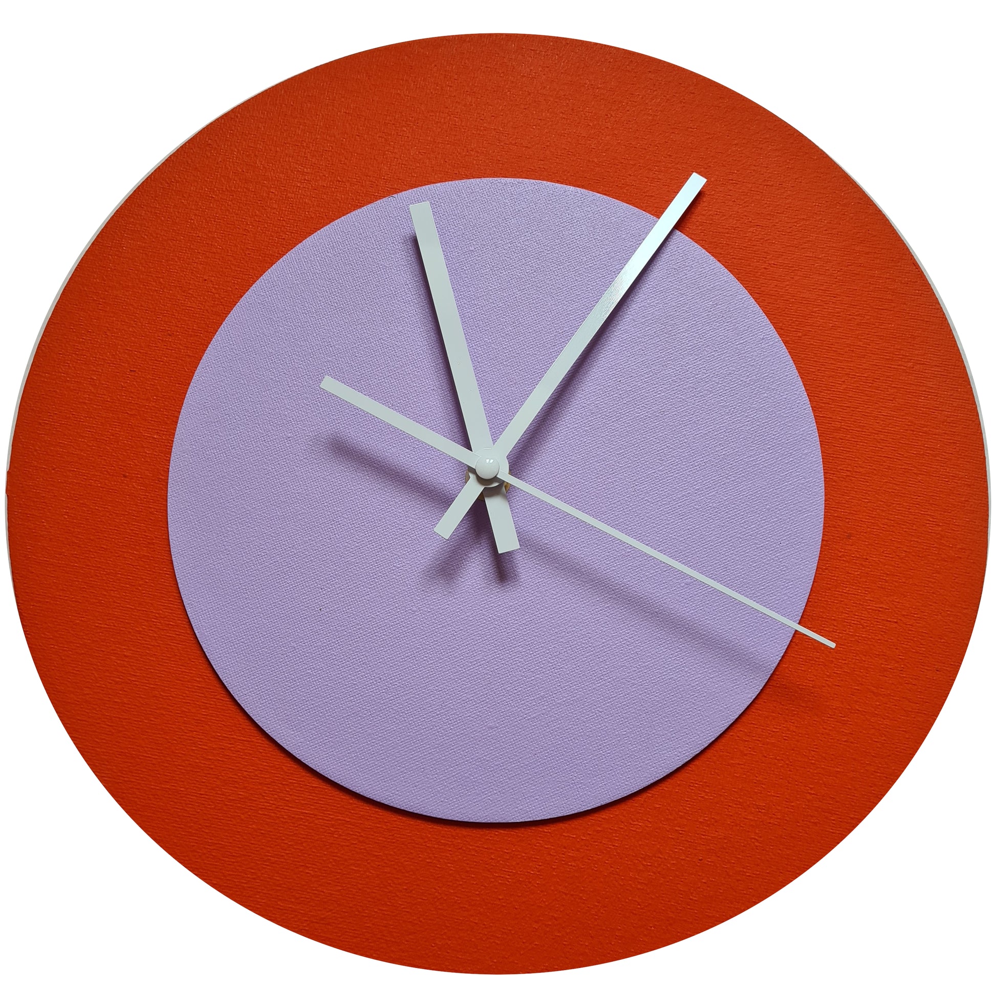 Pop Art Wanduhr Orange  Fliederfarben mit weißen Zeigern 30 cm rund
