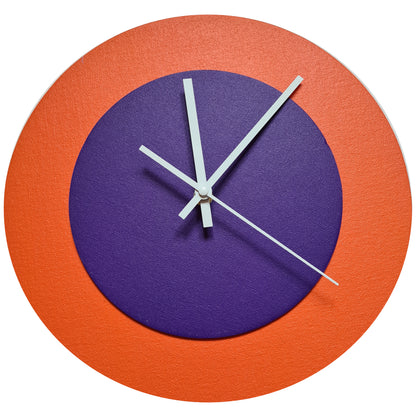 Pop Art Wanduhr Orange  Lilafarben mit weißen Zeigern 30 cm rund
