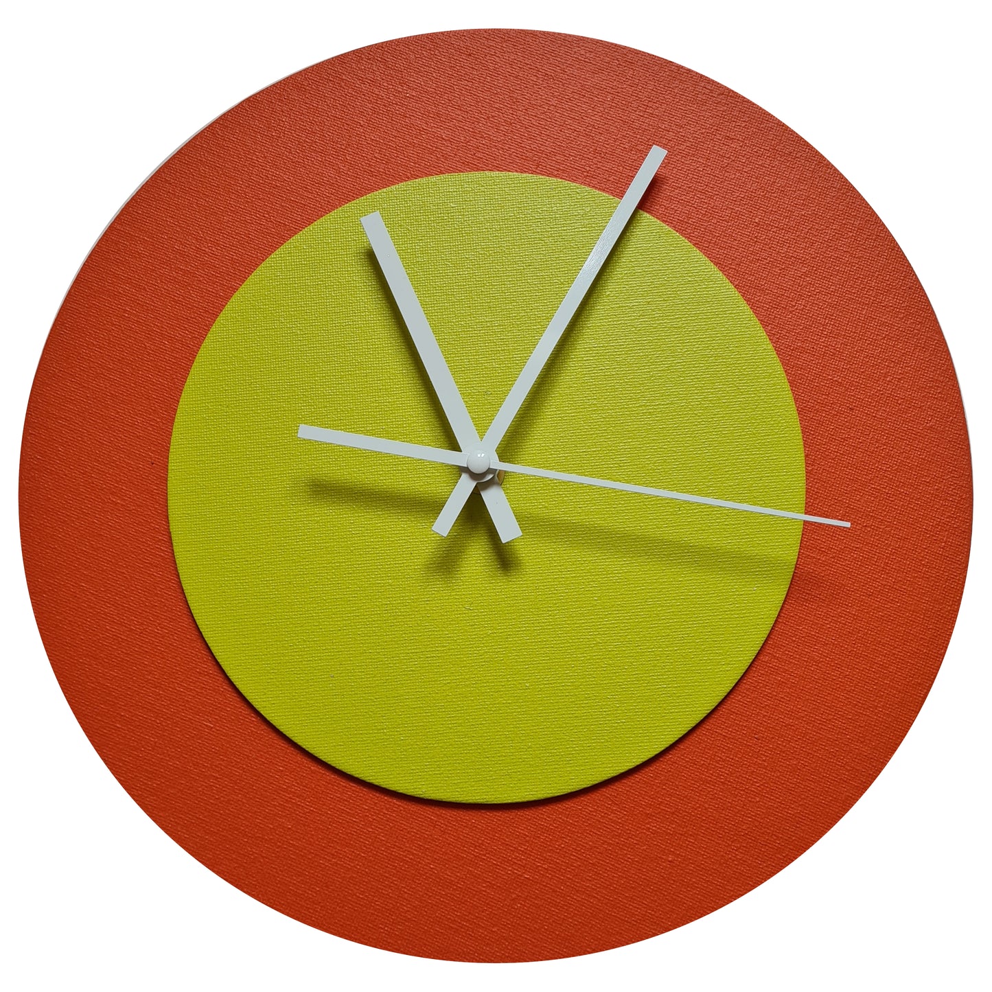 Pop Art Wanduhr Orange  Farngrün mit weißen Zeigern 30 cm rund
