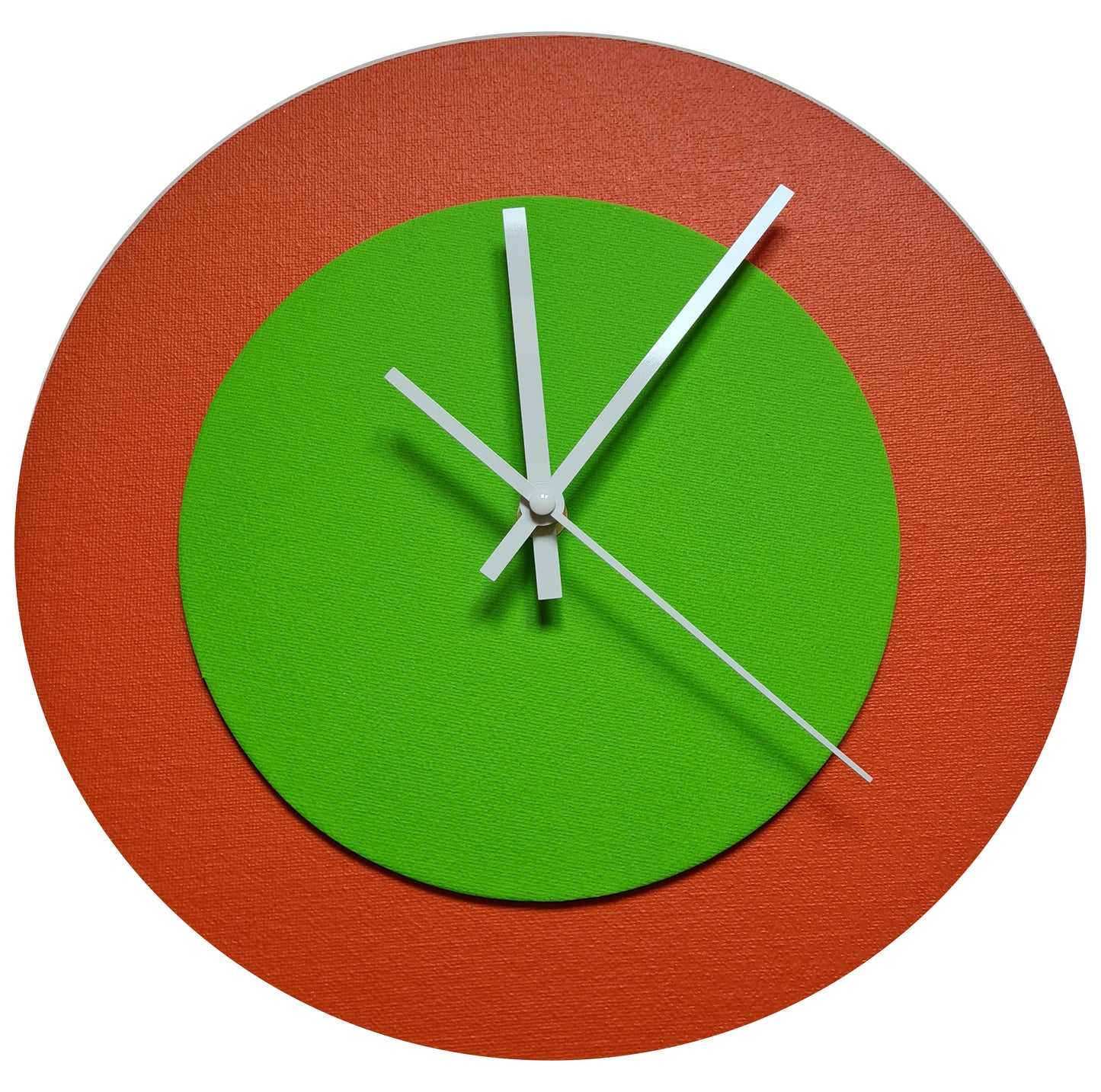Pop Art Wanduhr Orange  Hellgrün mit weißen Zeigern 30 cm rund
