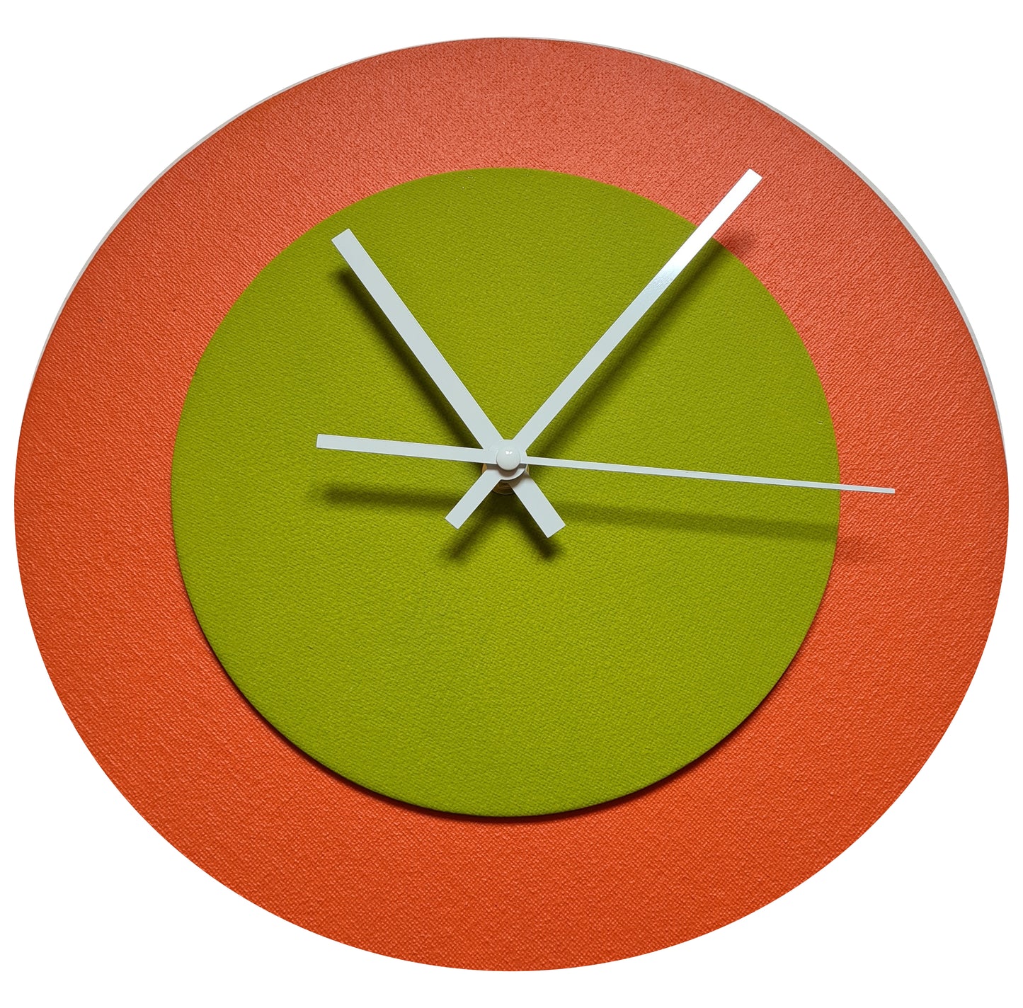 Pop Art Wanduhr Orange  Olivgrün mit weißen Zeigern 30 cm rund
