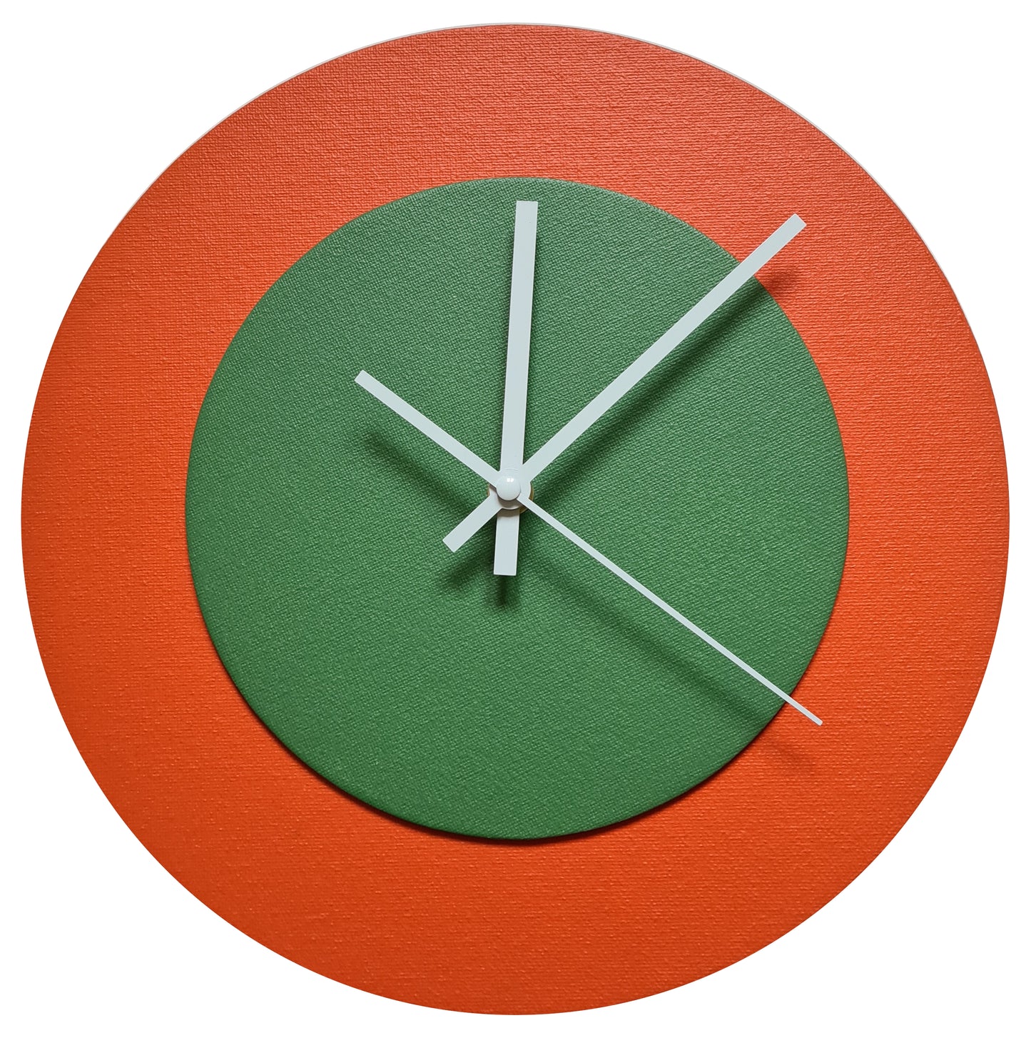 Pop Art Wanduhr Orange  Laubgrün mit weißen Zeigern 30 cm rund

