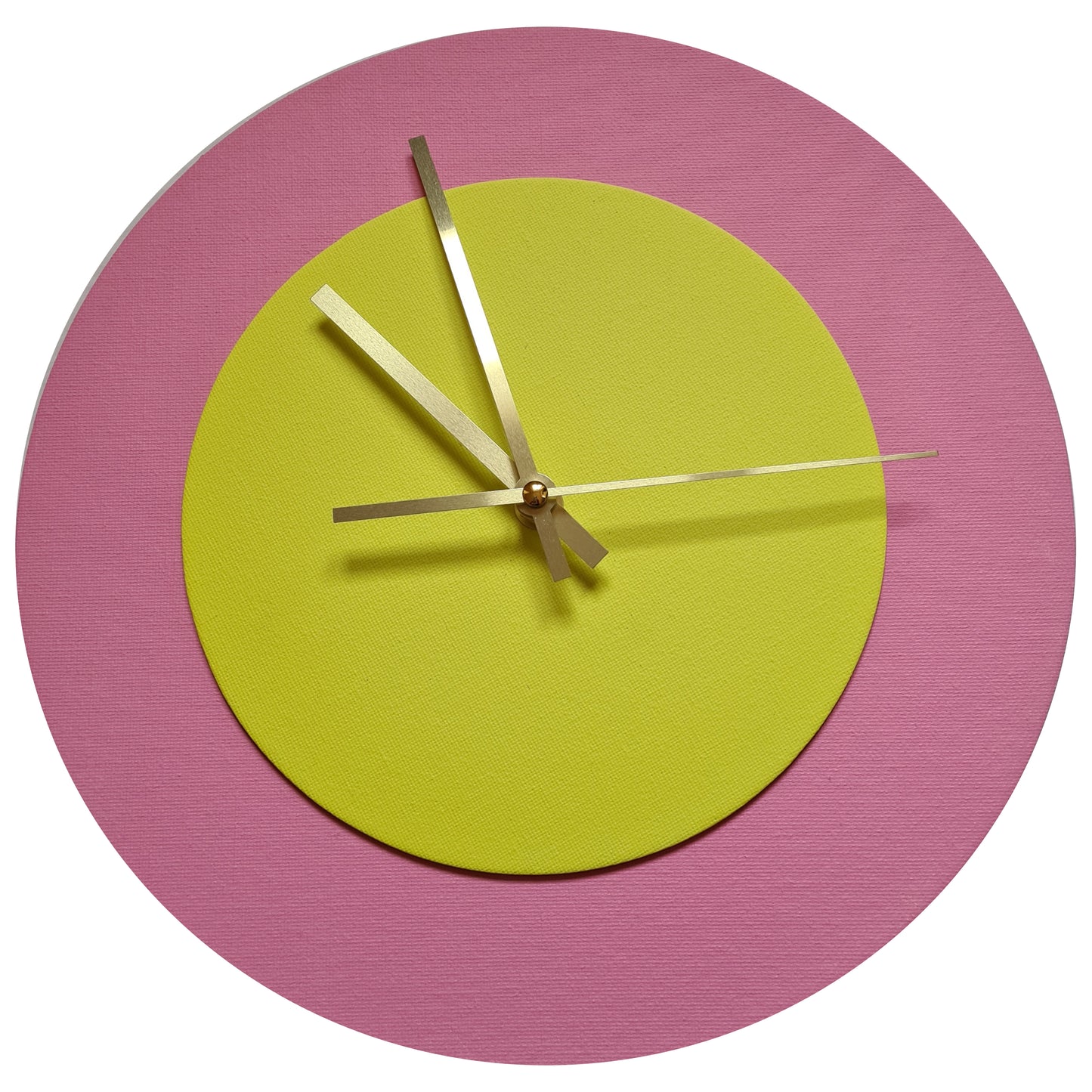 Pop Art Wanduhr Rosa  Hellgelb mit goldenen Zeigern 30 cm rund
