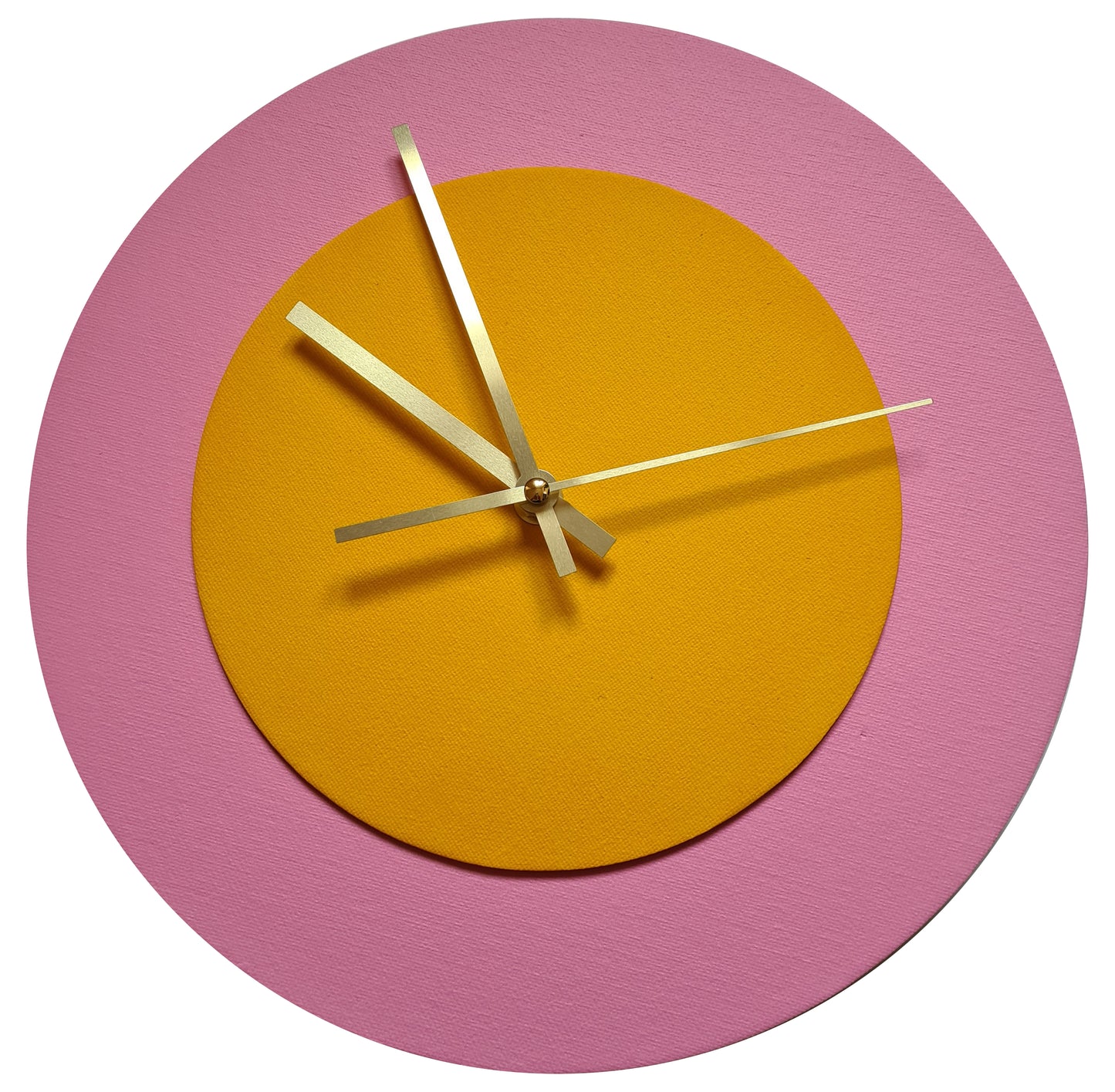 Pop Art Wanduhr Rosa  Sonnengelb mit goldenen Zeigern 30 cm rund
