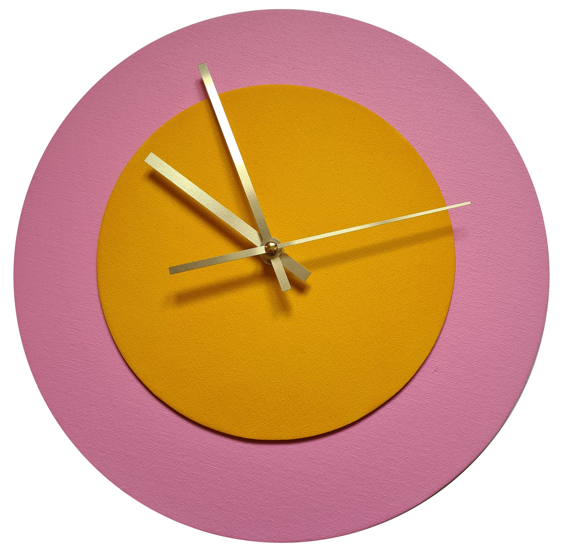 Pop Art Wanduhr Rosa  Sonnengelb mit goldenen Zeigern 30 cm rund
