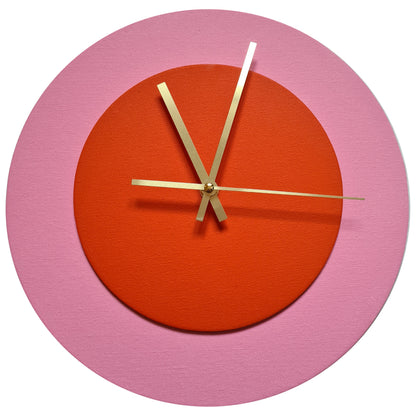 Pop Art Wanduhr Rosa  Orangefarben mit goldenen Zeigern 30 cm rund
