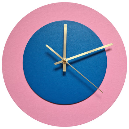 Pop Art Wanduhr Rosa  Mittelblau mit goldenen Zeigern 30 cm rund
