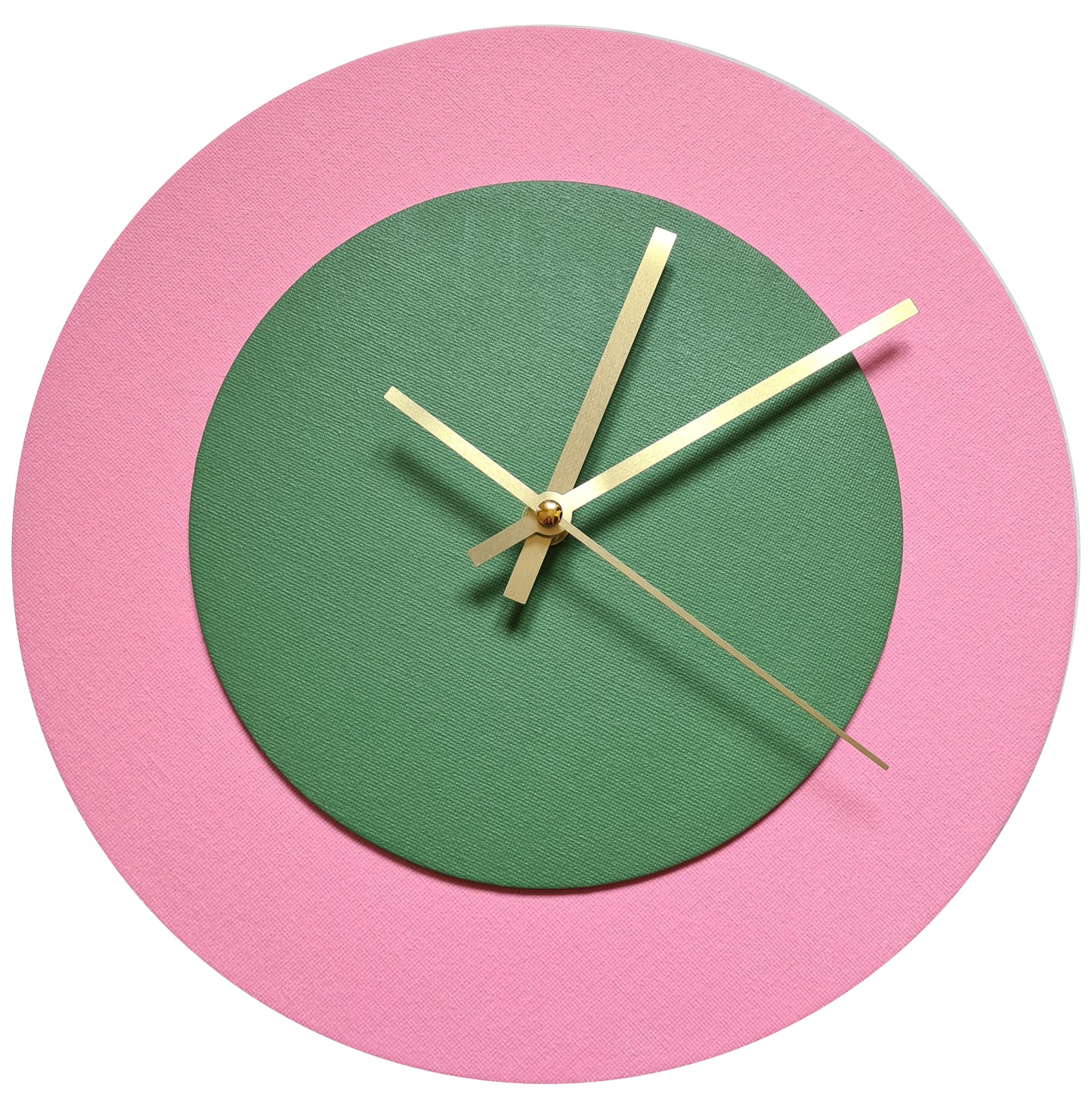 Pop Art Wanduhr Rosa  Laubgrün mit goldenen Zeigern 30 cm rund
