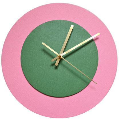 Pop Art Wanduhr Rosa  Laubgrün mit goldenen Zeigern 30 cm rund
