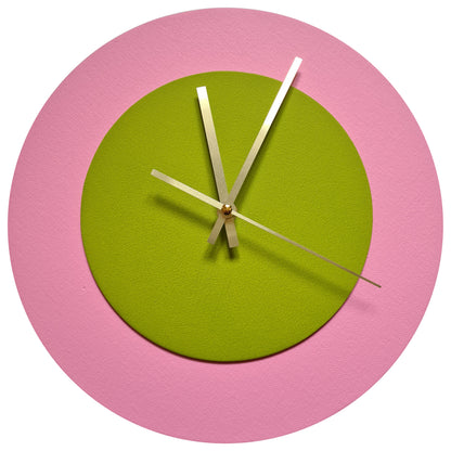 Pop Art Wanduhr Rosa  Olivgrün mit goldenen Zeigern 30 cm rund
