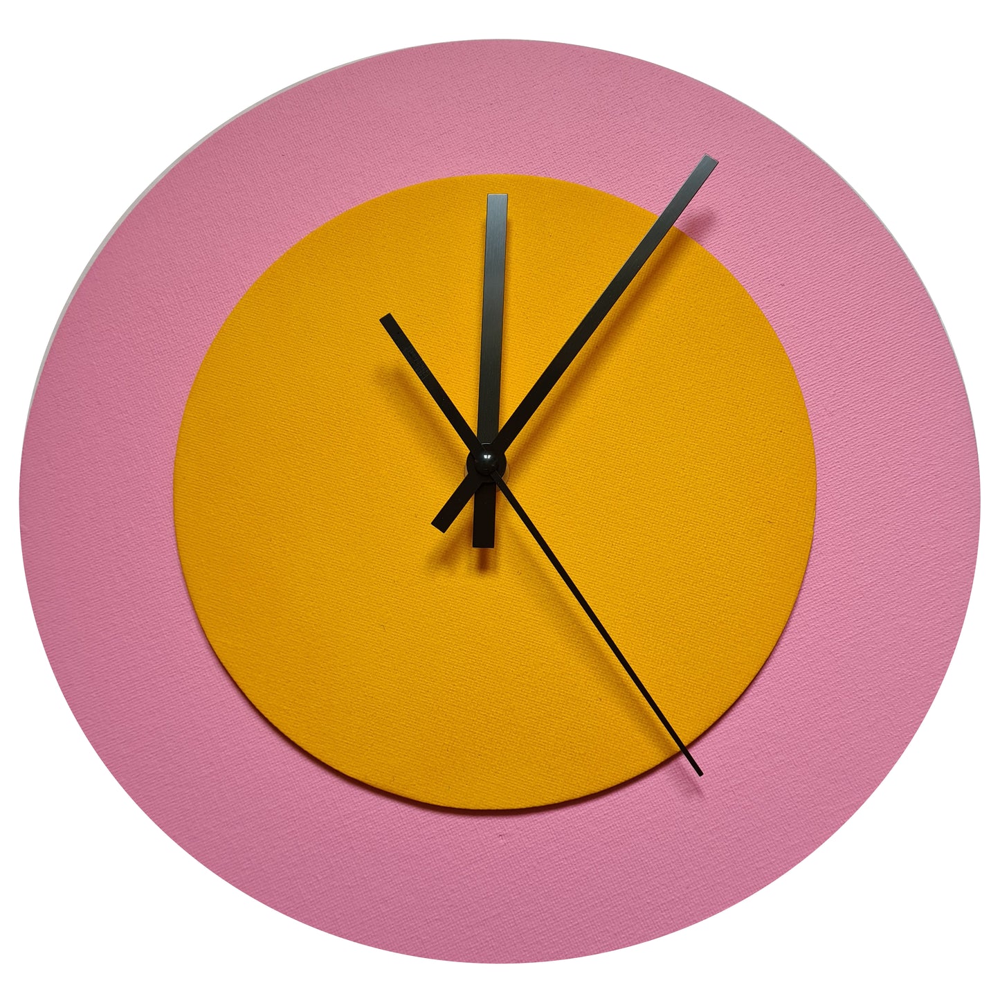 Pop Art Wanduhr Rosa  Sonnengelb mit schwarzen Zeigern 30 cm rund
