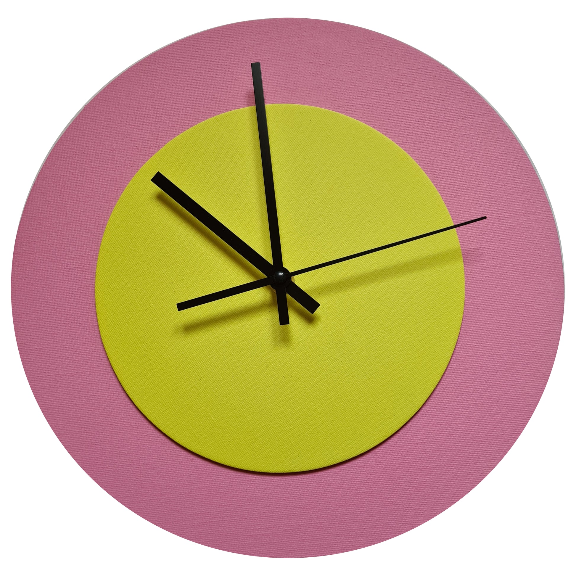 Pop Art Wanduhr Rosa  Hellgelb mit schwarzen Zeigern 30 cm rund

