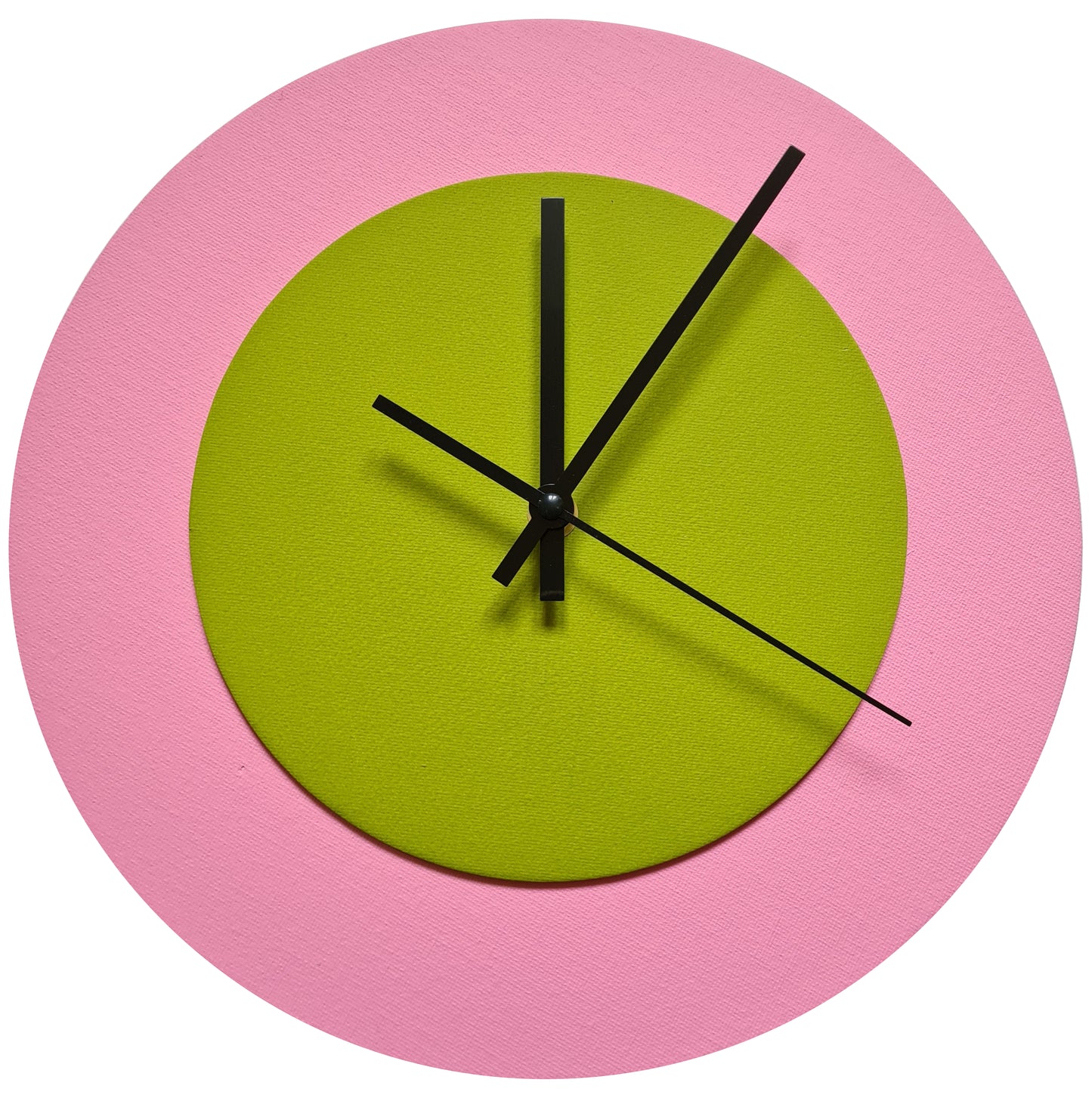 Pop Art Wanduhr Rosa  Olivgrün mit schwarzen Zeigern 30 cm rund
