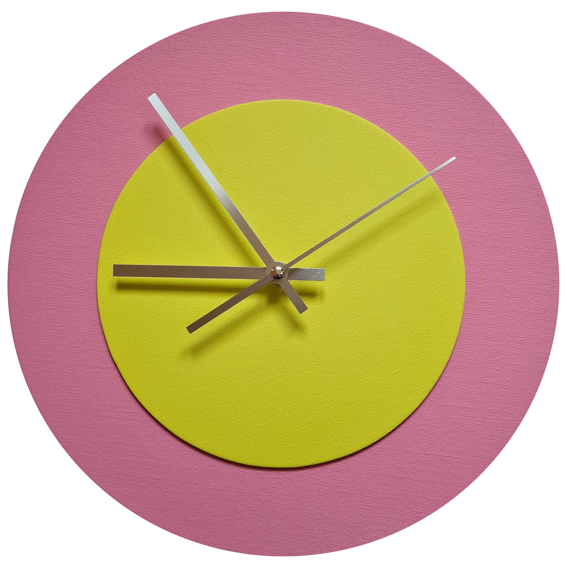 Pop Art Wanduhr Rosa  Hellgelb mit silbernen Zeigern 30 cm rund
