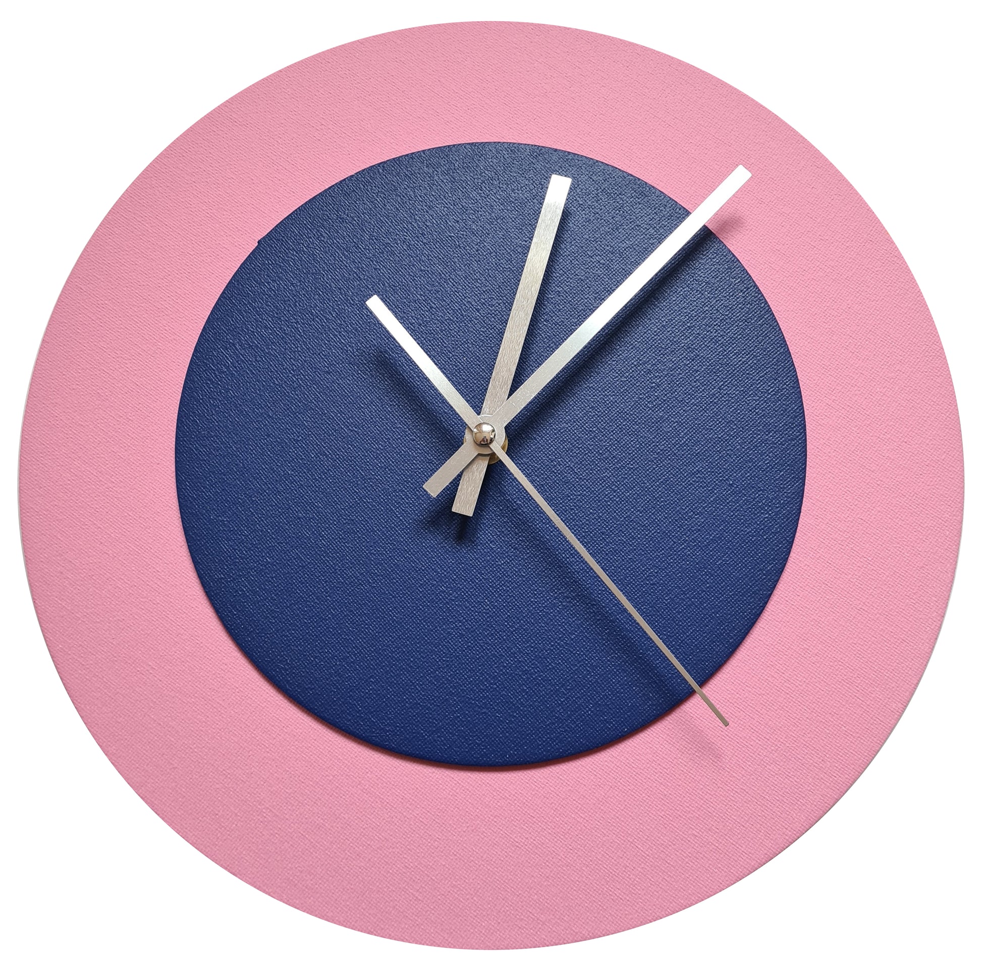 Pop Art Wanduhr Rosa  Dunkelblau mit silbernen Zeigern 30 cm rund
