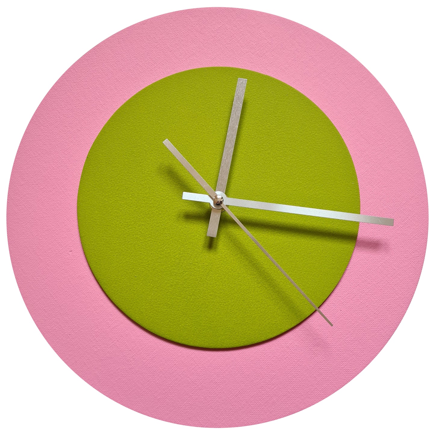 Pop Art Wanduhr Rosa  Olivgrün mit silbernen Zeigern 30 cm rund
