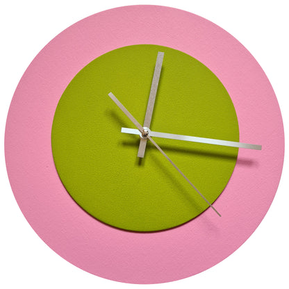 Pop Art Wanduhr Rosa  Olivgrün mit silbernen Zeigern 30 cm rund
