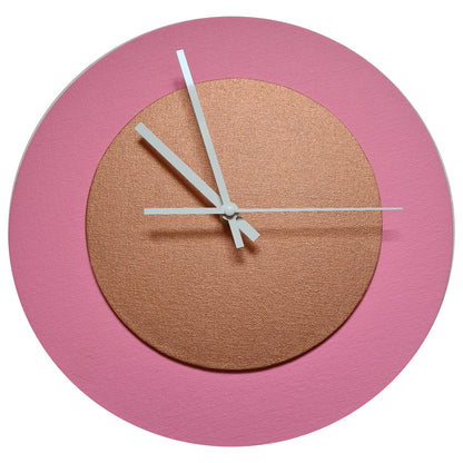 Pop Art Wanduhr Rosa  Bronzefarben mit  weißen Zeigern 30 cm rund
