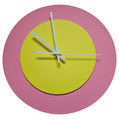 Pop Art Wanduhr Rosa  Hellgelb mit weißen Zeigern 30 cm rund
