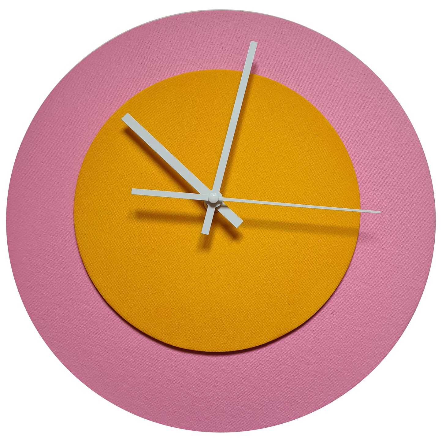 Pop Art Wanduhr Rosa  Sonnengelb mit weißen Zeigern 30 cm rund
