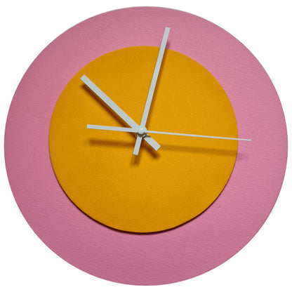 Pop Art Wanduhr Rosa  Sonnengelb mit weißen Zeigern 30 cm rund

