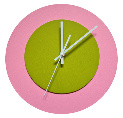 Pop Art Wanduhr Rosa  Olivgrün mit weißen Zeigern 30 cm rund
