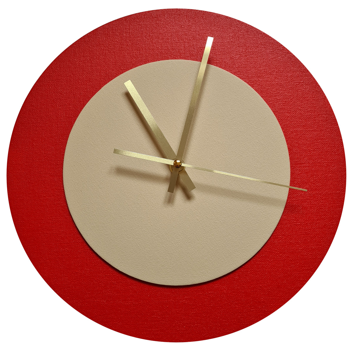 Pop Art Wanduhr Hellrot  Cremefarben mit goldenen Zeigern 30 cm rund
