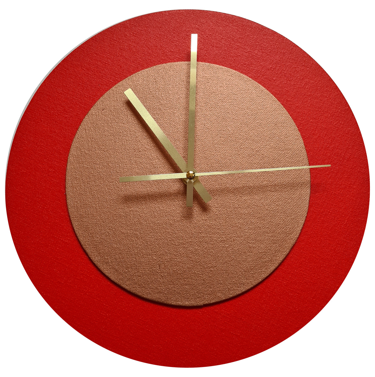 Pop Art Wanduhr Hellrot  Bronzefarben mit goldenen Zeigern 30 cm rund
