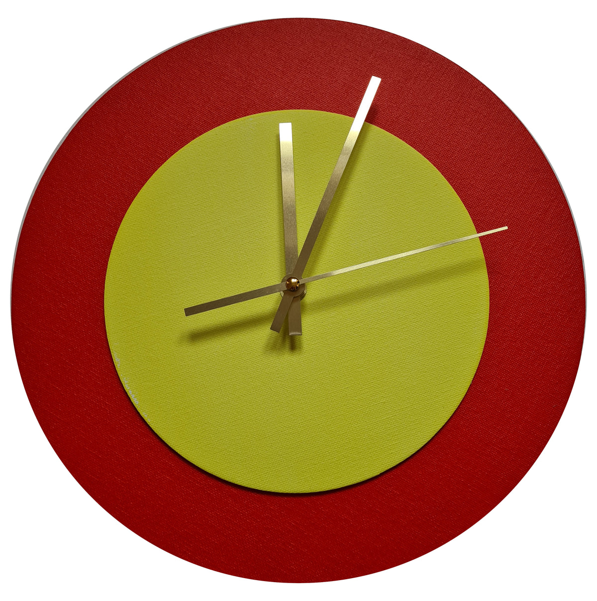 Pop Art Wanduhr Hellrot  Farngrün mit goldenen Zeigern 30 cm rund
