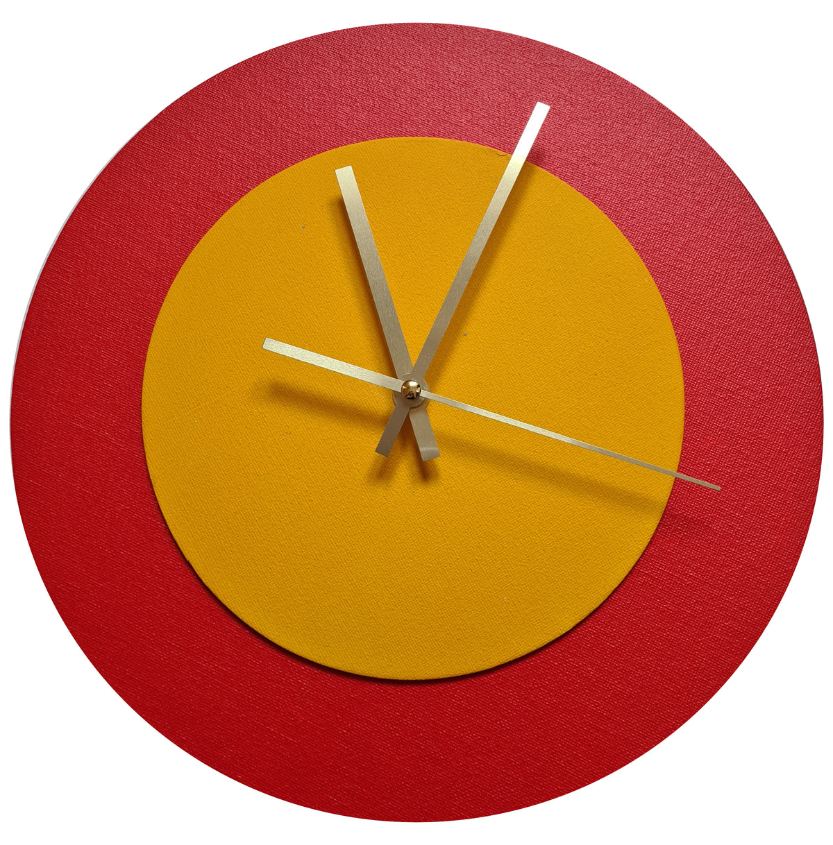 Pop Art Wanduhr Hellrot  Sonnengelb mit goldenen Zeigern 30 cm rund
