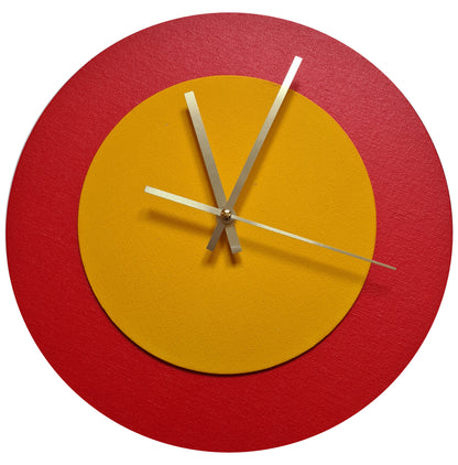Pop Art Wanduhr Hellrot  Sonnengelb mit goldenen Zeigern 30 cm rund
