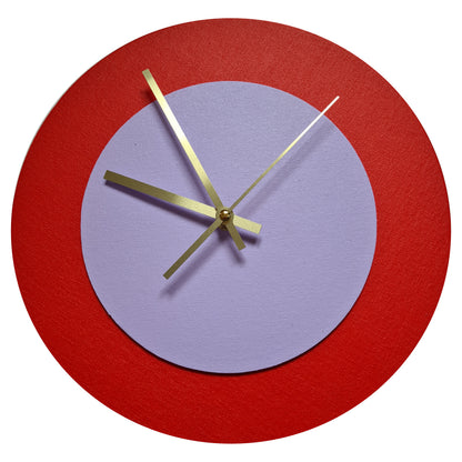 Pop Art Wanduhr Hellrot  Fliederfarben mit goldenen Zeigern 30 cm rund
