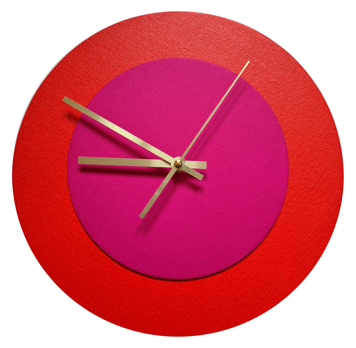 Pop Art Wanduhr Hellrot  Magentafarben mit goldenen Zeigern 30 cm rund
