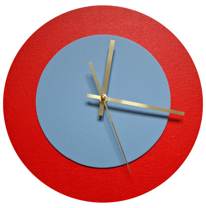 Pop Art Wanduhr Hellrot Hellblau  mit goldenen Zeigern 30 cm rund
