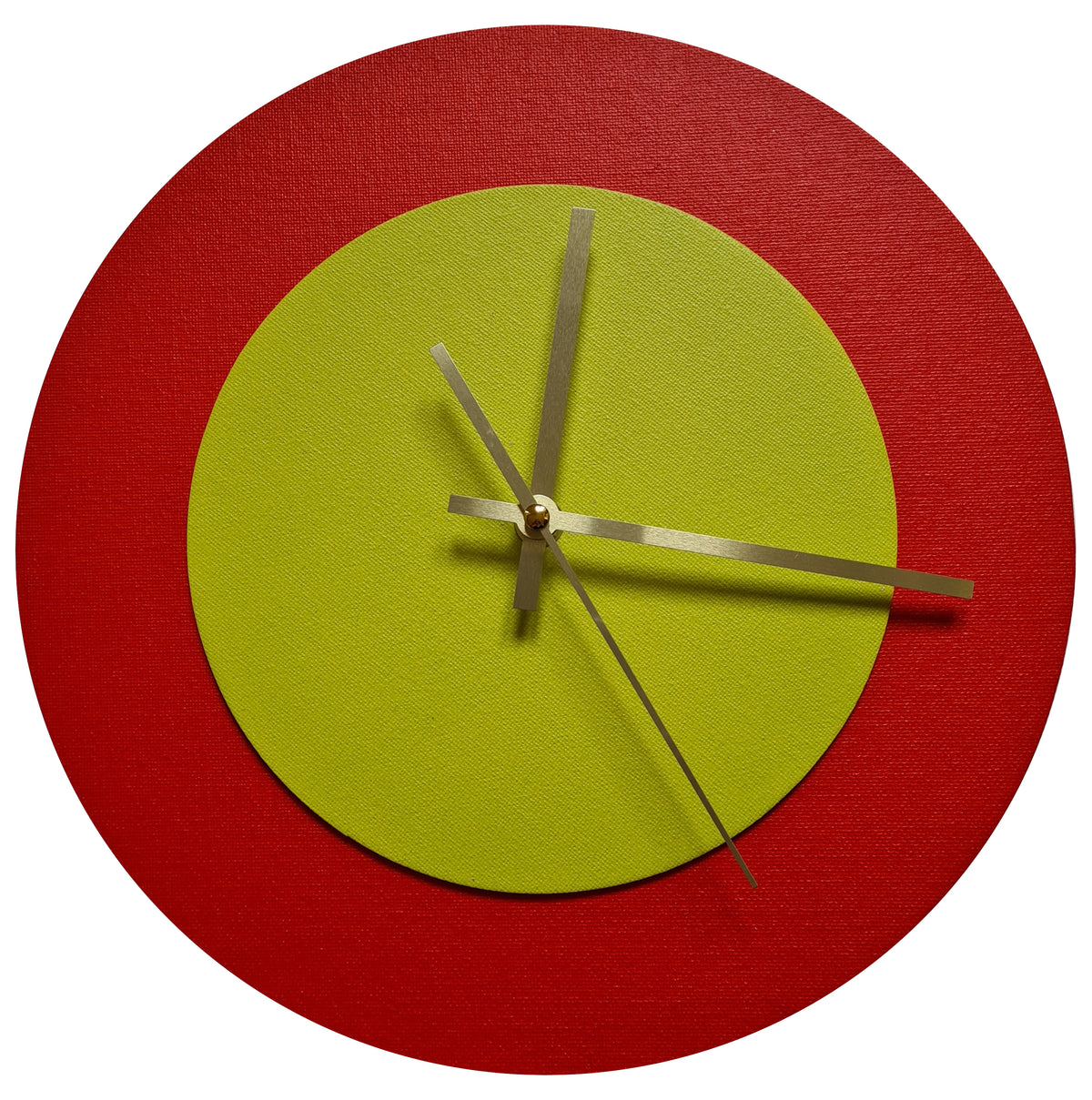 Pop Art Wanduhr Hellrot  Olivgrün mit goldenen Zeigern 30 cm rund
