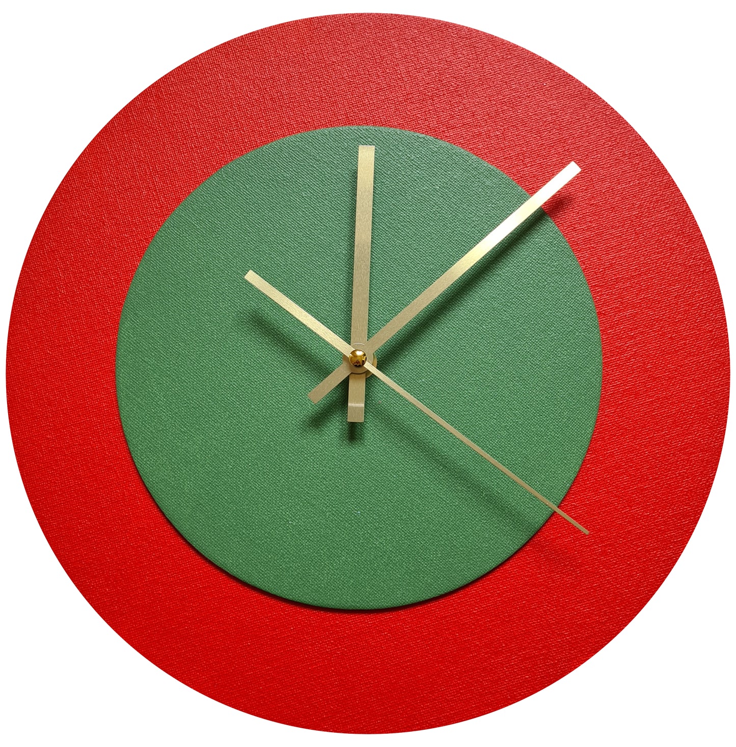 Pop Art Wanduhr Hellrot  Laubgrün mit goldenen Zeigern 30 cm rund
